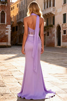 Load image into Gallery viewer, Light Purple Satin Corset Long Mermaid Prom Dress with Slit