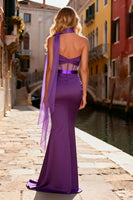 Load image into Gallery viewer, Satin Purple One Shoulder Corset Long Prom Dress with Slit