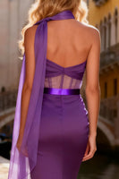 Load image into Gallery viewer, Satin Purple One Shoulder Corset Long Prom Dress with Slit