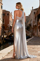 Load image into Gallery viewer, Sparkly Silver Metallic Neck Scarf Mermaid Long Prom Dress with Slit