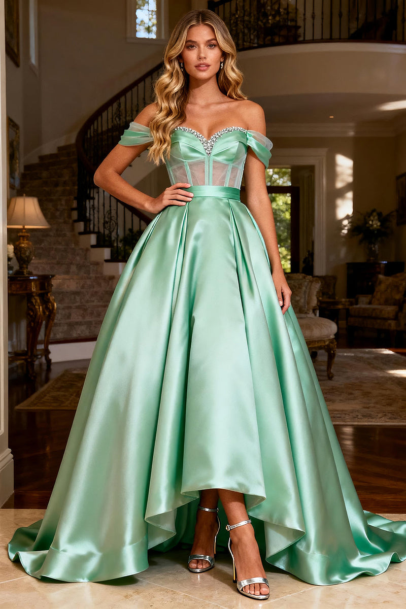 Load image into Gallery viewer, Sparkly Mint Green Beaded Off the Shoulder Satin Long Corset Prom Dress