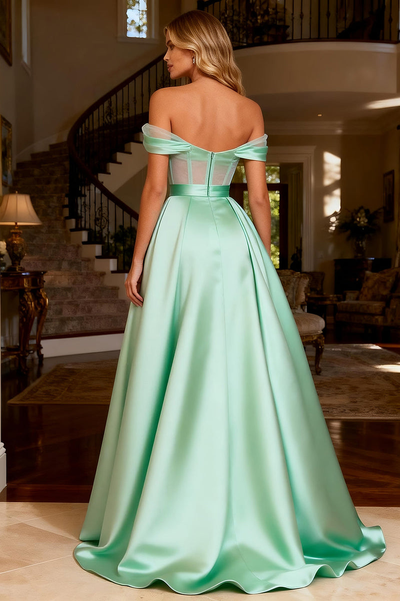 Load image into Gallery viewer, Sparkly Mint Green Beaded Off the Shoulder Satin Long Corset Prom Dress