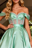 Load image into Gallery viewer, Sparkly Mint Green Beaded Off the Shoulder Satin Long Corset Prom Dress