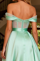 Load image into Gallery viewer, Sparkly Mint Green Beaded Off the Shoulder Satin Long Corset Prom Dress