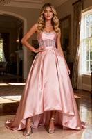 Load image into Gallery viewer, Sparkly Pink Satin Beaded Sweetheart Corset Long Prom Dress