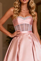 Load image into Gallery viewer, Sparkly Pink Satin Beaded Sweetheart Corset Long Prom Dress