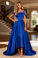 Load image into Gallery viewer, Sparkly Royal Blue Satin A Line Beaded Long Prom Dress