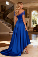 Load image into Gallery viewer, Sparkly Royal Blue Satin A Line Beaded Long Prom Dress