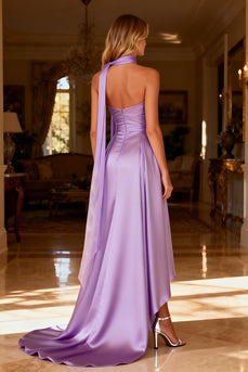 Sparkly Light Purple Satin Neck Scarf Beaded A Line Long Prom Dress