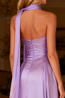 Load image into Gallery viewer, Sparkly Light Purple Satin Neck Scarf Beaded A Line Long Prom Dress