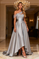 Load image into Gallery viewer, Sparkly Grey One Shoulder Satin A Line Long Prom Dress with Bow