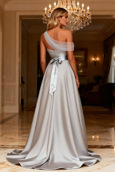Sparkly Grey One Shoulder Satin A Line Long Prom Dress with Bow