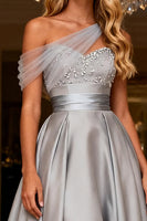 Load image into Gallery viewer, Sparkly Grey One Shoulder Satin A Line Long Prom Dress with Bow