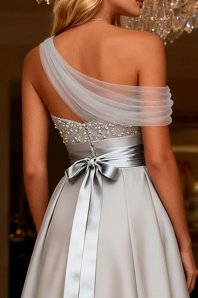 Load image into Gallery viewer, Sparkly Grey One Shoulder Satin A Line Long Prom Dress with Bow