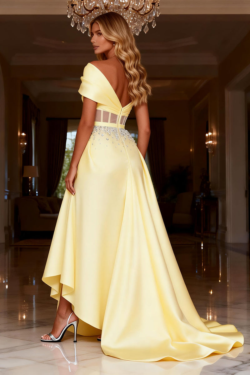 Load image into Gallery viewer, Sparkly Light Yellow Corset Long Satin Prom Dress with Beading