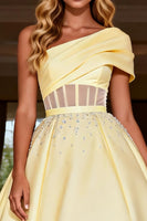 Load image into Gallery viewer, Sparkly Light Yellow Corset Long Satin Prom Dress with Beading