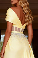 Load image into Gallery viewer, Sparkly Light Yellow Corset Long Satin Prom Dress with Beading