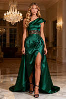 Load image into Gallery viewer, Dark Green One Shoulder Corset Long Satin Prom Dress with Slit