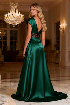 Dark Green One Shoulder Corset Long Satin Prom Dress with Slit