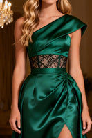Load image into Gallery viewer, Dark Green One Shoulder Corset Long Satin Prom Dress with Slit