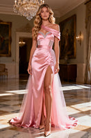 Load image into Gallery viewer, Sparkly Pink Satin Beaded Corset Long Ruched Prom Dress with Slit