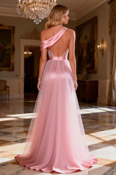 Sparkly Pink Satin Beaded Corset Long Ruched Prom Dress with Slit