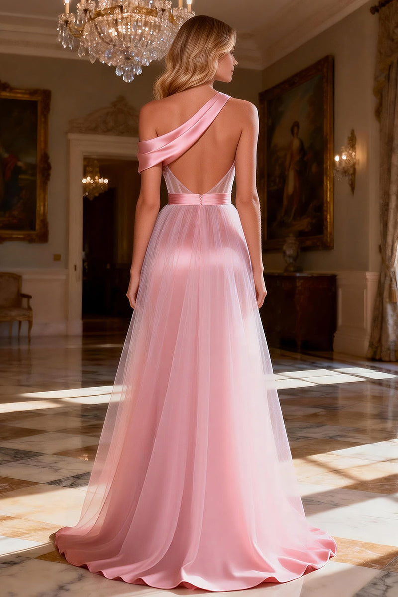 Load image into Gallery viewer, Sparkly Pink Satin Beaded Corset Long Ruched Prom Dress with Slit
