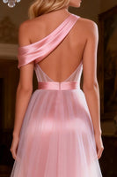 Load image into Gallery viewer, Sparkly Pink Satin Beaded Corset Long Ruched Prom Dress with Slit