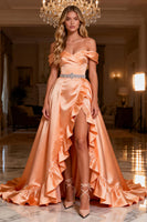 Load image into Gallery viewer, Sparkly Orange Satin Beaded Long Ruffled Prom Dress with Slit