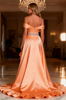 Load image into Gallery viewer, Sparkly Orange Satin Beaded Long Ruffled Prom Dress with Slit