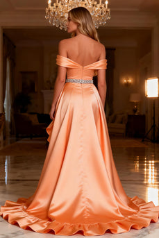 Sparkly Orange Satin Beaded Long Ruffled Prom Dress with Slit