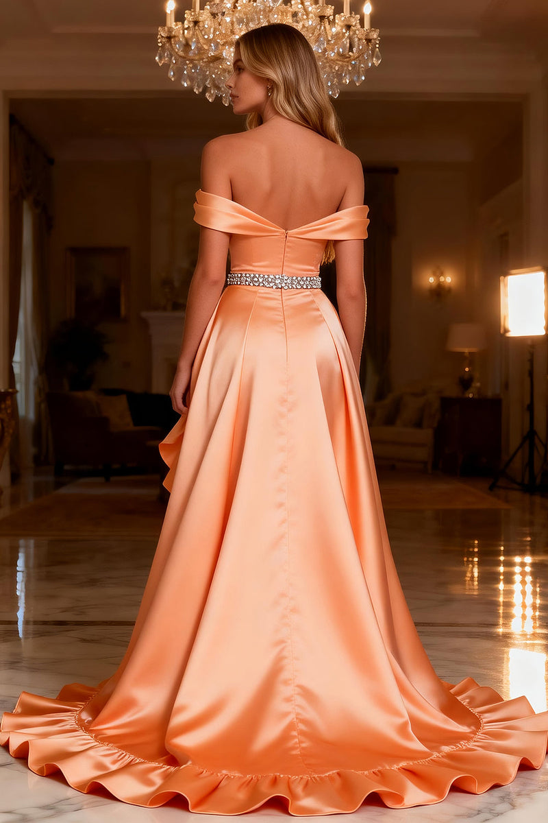 Load image into Gallery viewer, Sparkly Orange Satin Beaded Long Ruffled Prom Dress with Slit