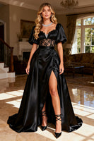 Load image into Gallery viewer, Black Backless Satin Corset Long Prom Dress with Slit
