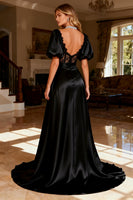 Load image into Gallery viewer, Black Backless Satin Corset Long Prom Dress with Slit