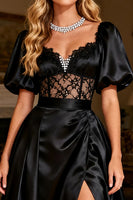 Load image into Gallery viewer, Black Backless Satin Corset Long Prom Dress with Slit