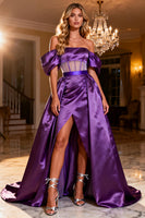 Load image into Gallery viewer, Purple Satin Off the Shoulder Corset Long Prom Dress with Slit