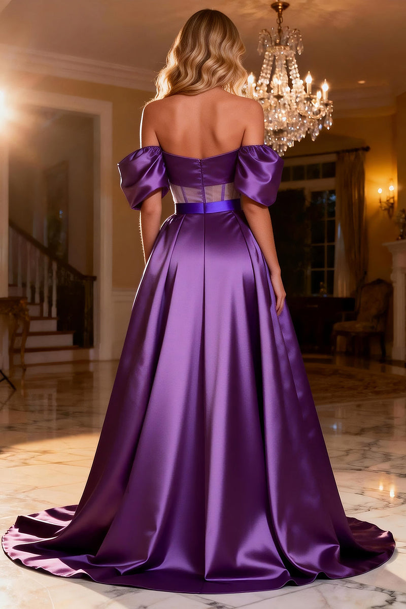 Load image into Gallery viewer, Purple Satin Off the Shoulder Corset Long Prom Dress with Slit