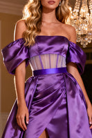 Load image into Gallery viewer, Purple Satin Off the Shoulder Corset Long Prom Dress with Slit
