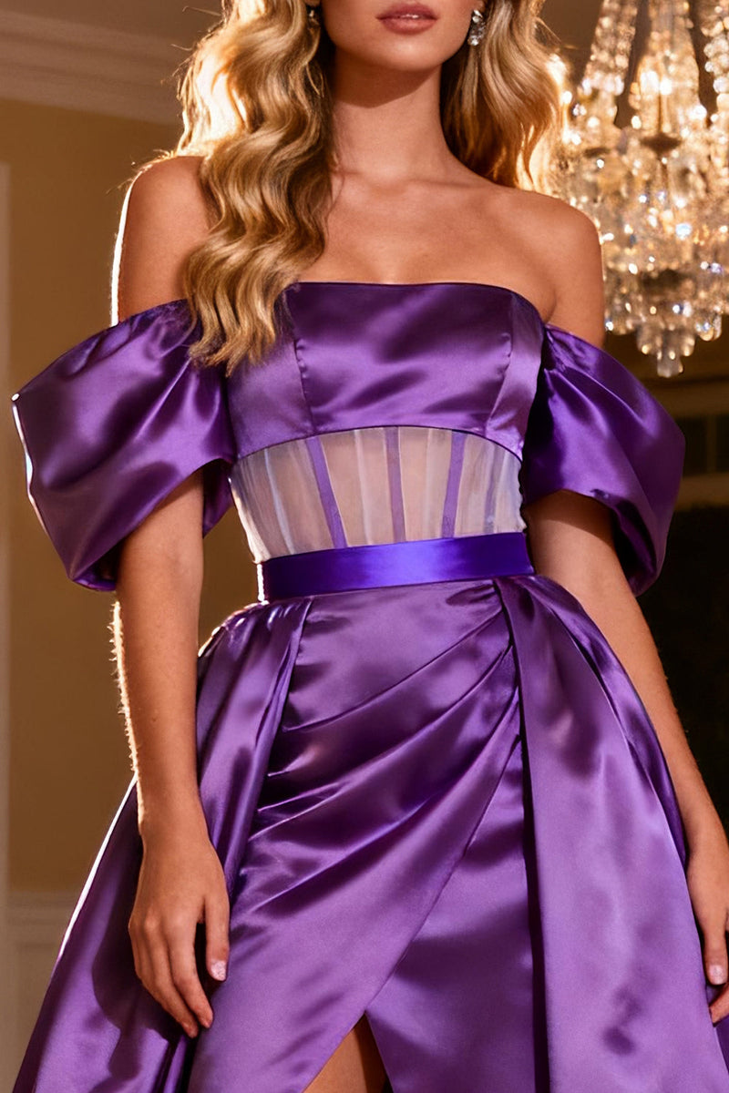 Load image into Gallery viewer, Purple Satin Off the Shoulder Corset Long Prom Dress with Slit