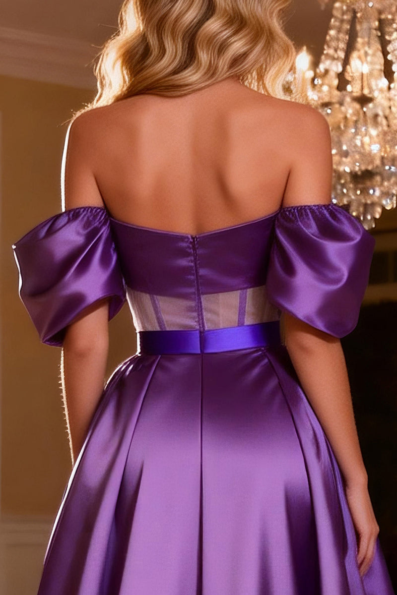 Load image into Gallery viewer, Purple Satin Off the Shoulder Corset Long Prom Dress with Slit