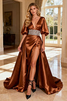 Load image into Gallery viewer, Sparkly Bronze V-Neck Long Satin Prom Dress with Slit