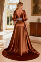 Load image into Gallery viewer, Sparkly Bronze V-Neck Long Satin Prom Dress with Slit