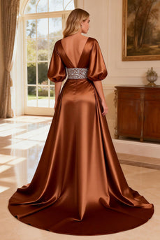 Sparkly Bronze V-Neck Long Satin Prom Dress with Slit