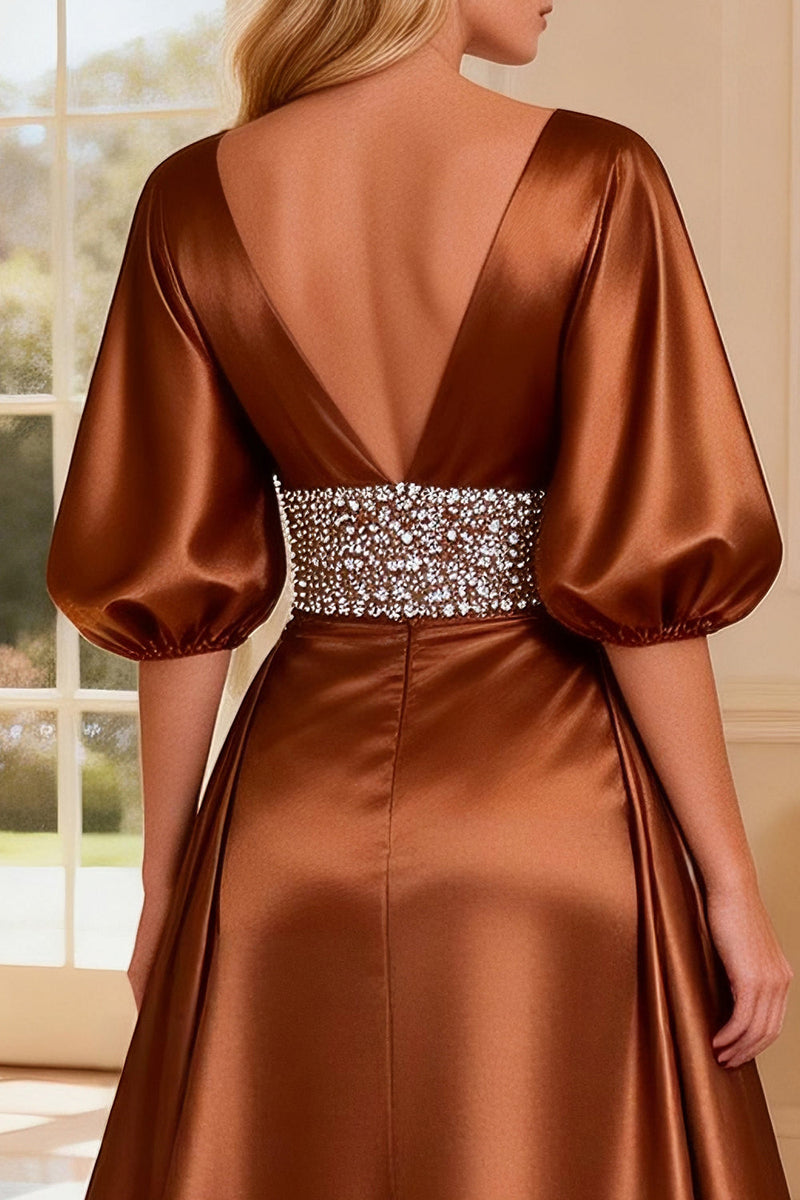 Load image into Gallery viewer, Sparkly Bronze V-Neck Long Satin Prom Dress with Slit