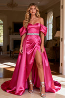 Load image into Gallery viewer, Sparkly Hot Pink Satin Beaded Long Prom Dress with Slit