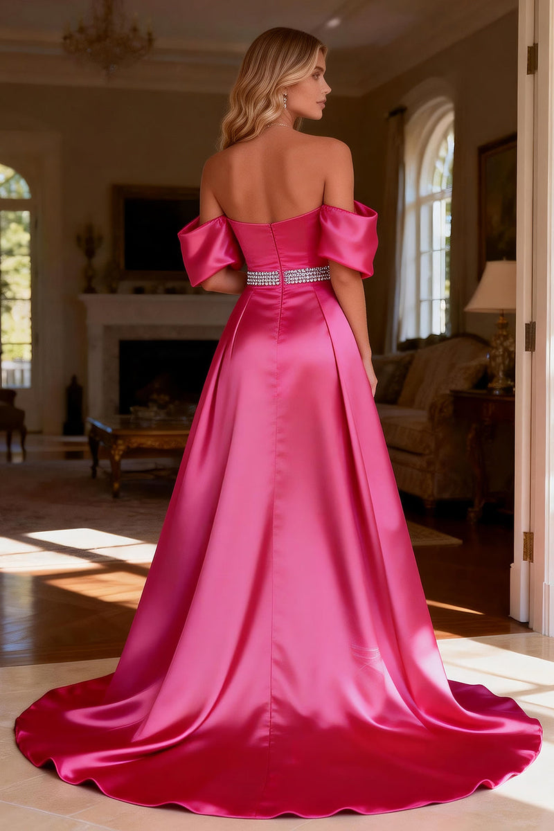 Load image into Gallery viewer, Sparkly Hot Pink Satin Beaded Long Prom Dress with Slit
