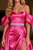 Load image into Gallery viewer, Sparkly Hot Pink Satin Beaded Long Prom Dress with Slit