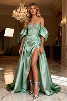 Load image into Gallery viewer, Sparkly Sage Green Satin Off the Shoulder Beaded Long Prom Dress with Slit