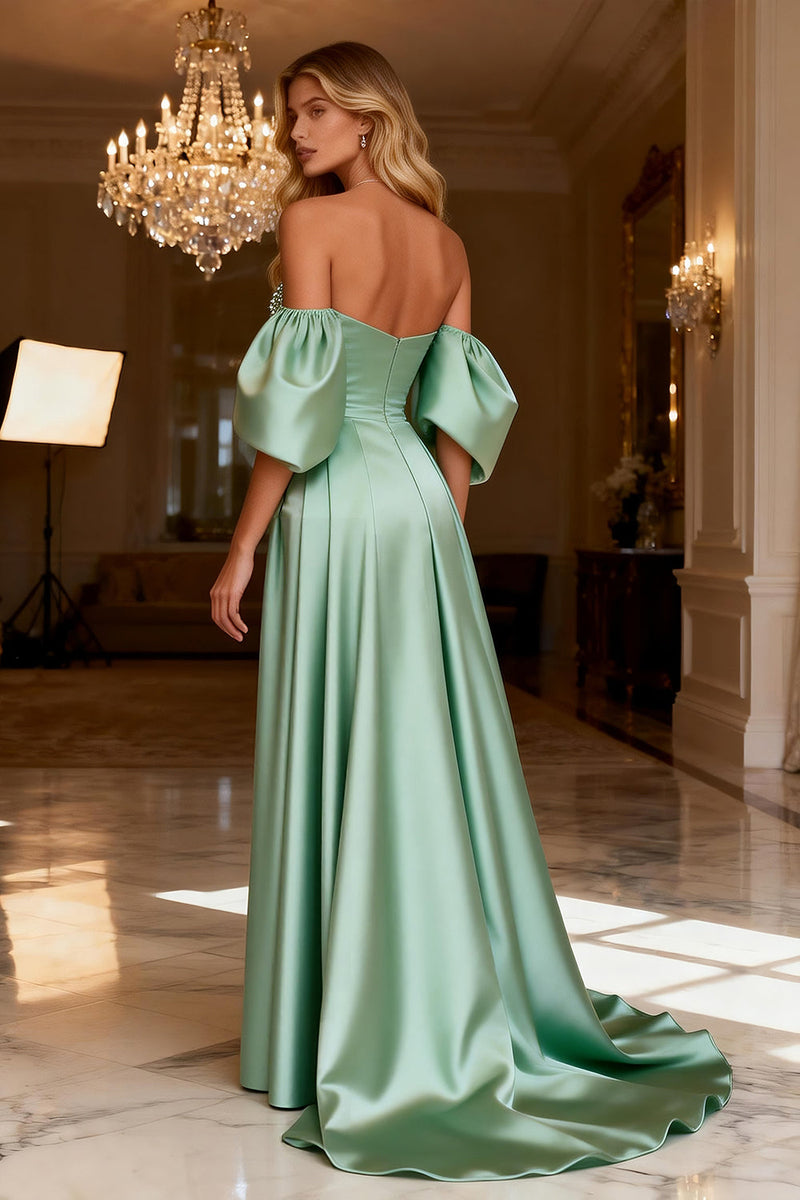 Load image into Gallery viewer, Sparkly Sage Green Satin Off the Shoulder Beaded Long Prom Dress with Slit