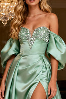 Load image into Gallery viewer, Sparkly Sage Green Satin Off the Shoulder Beaded Long Prom Dress with Slit